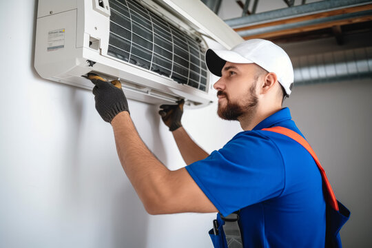 HVAC technician installing a mini split air conditioner in Folsom
