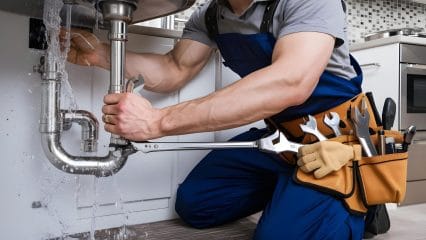 Plumber repairing pipes beneath a sink in Folsom